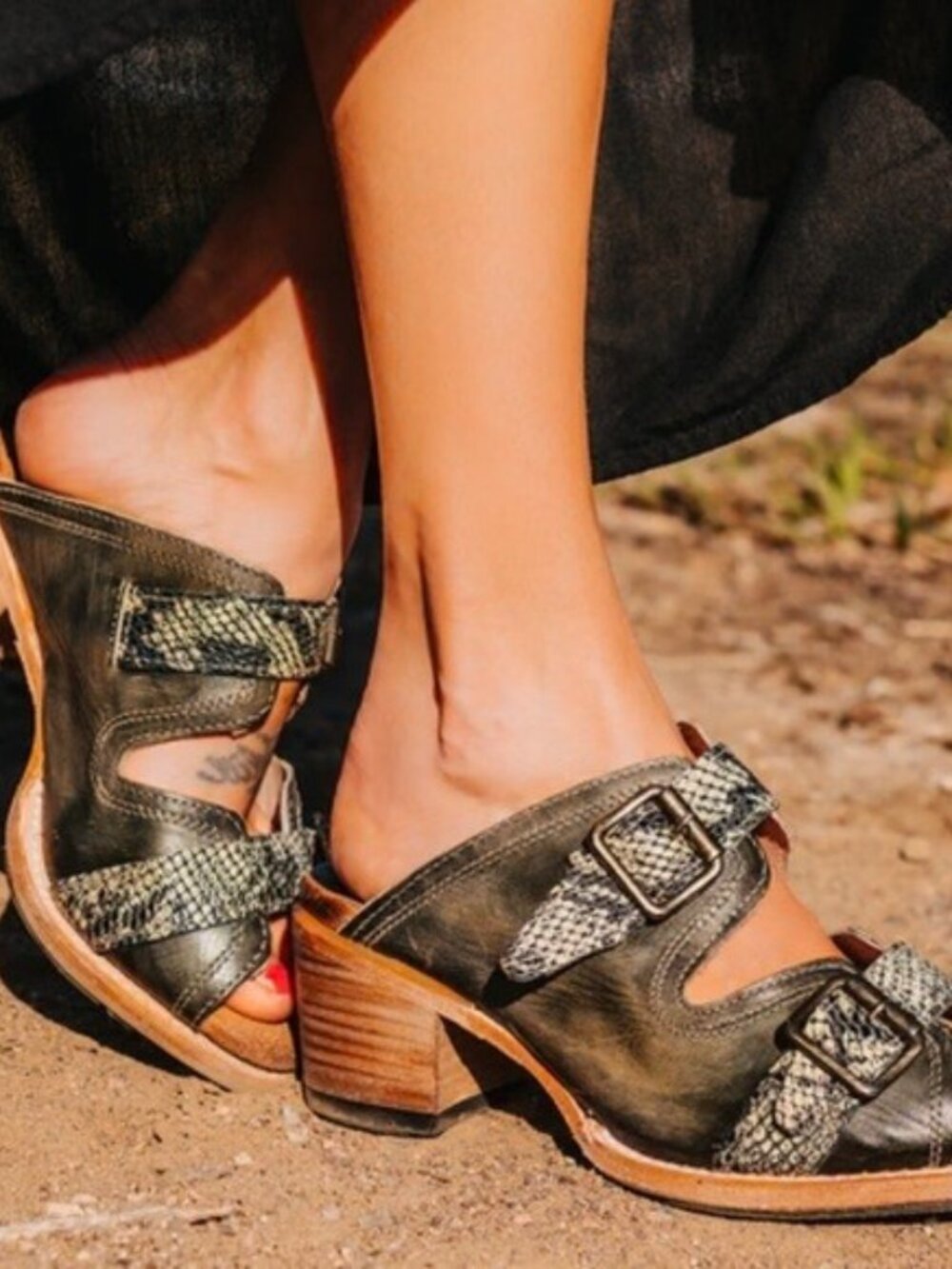 Freebird Caprice Leather Mule Sandals Olive Green Snake Full Grain Size 9